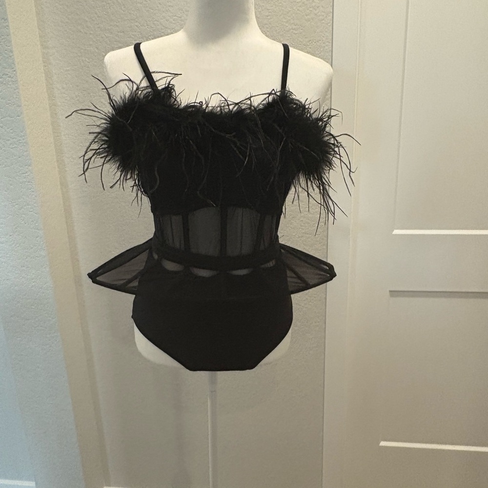 Black Feathered Mesh Jazz Dance Costume